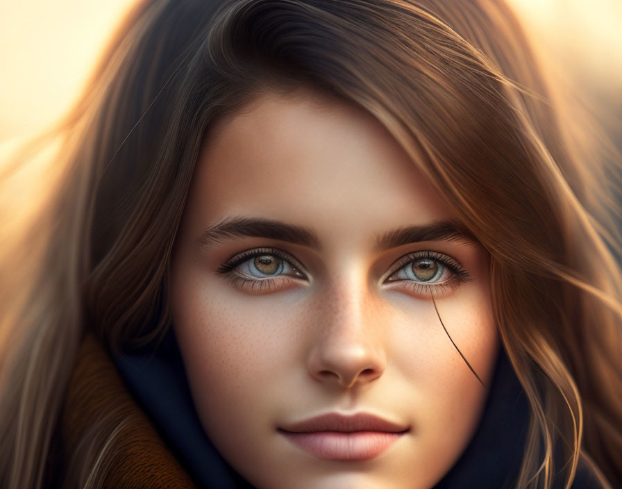 Woman with Striking Blue Eyes and Subtle Smile Against Soft Background