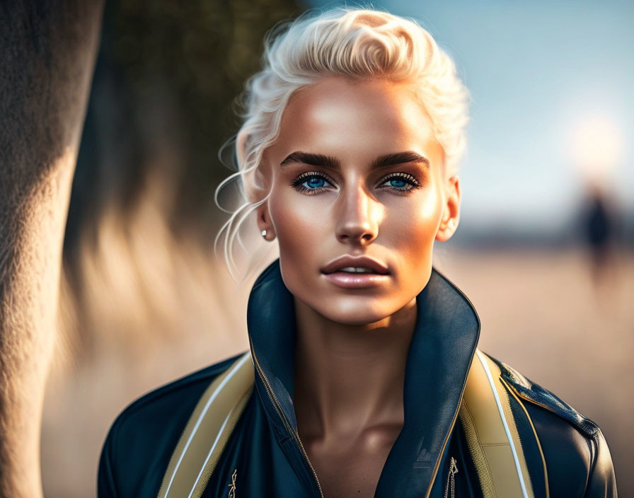 Portrait of woman with platinum blonde hair and amber eyes in black and yellow jacket