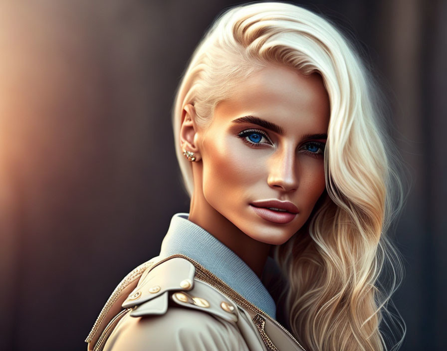 Portrait of woman with blue eyes, blonde hair, beige jacket