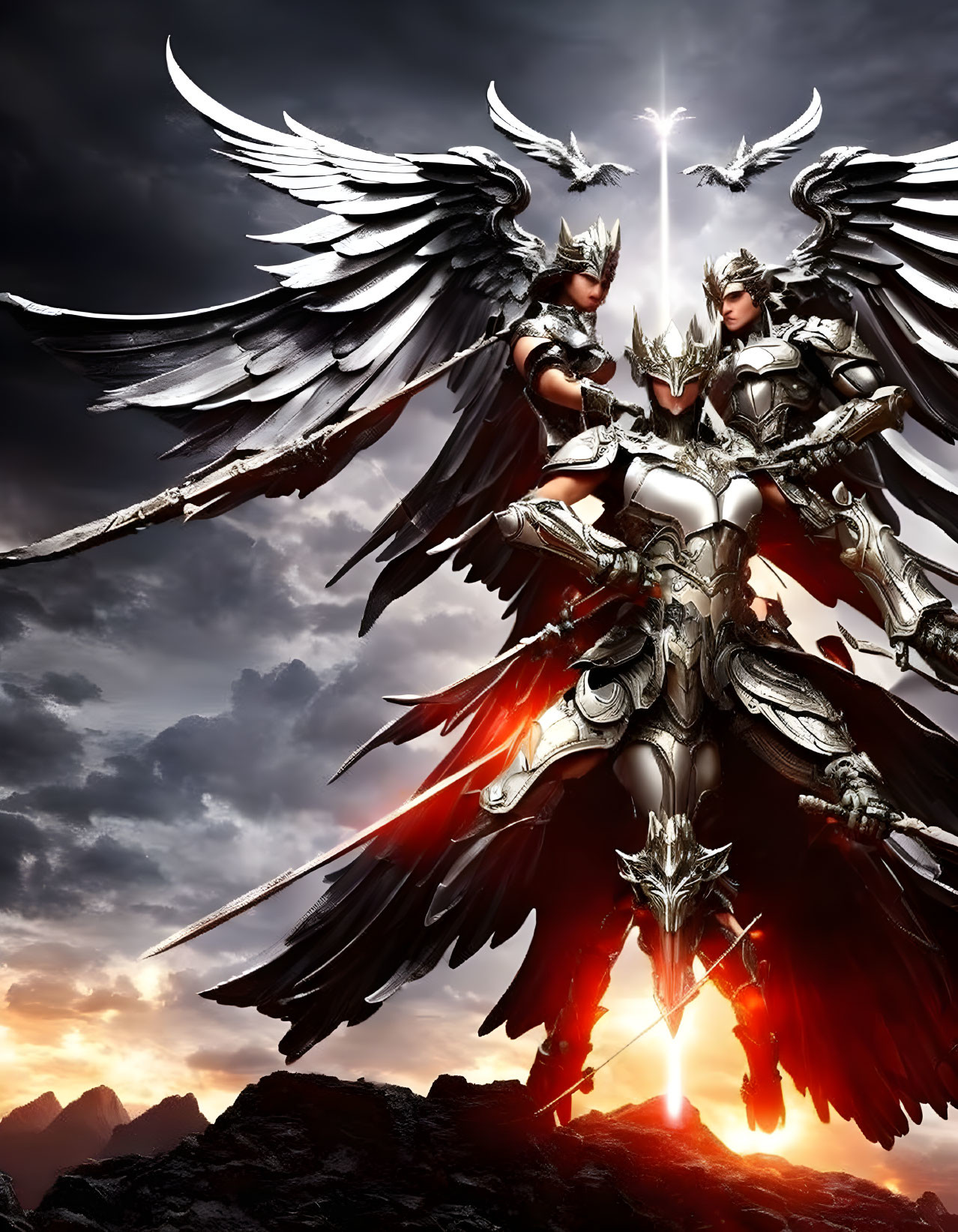 Armored warriors with white wings clash swords under dramatic sunset sky