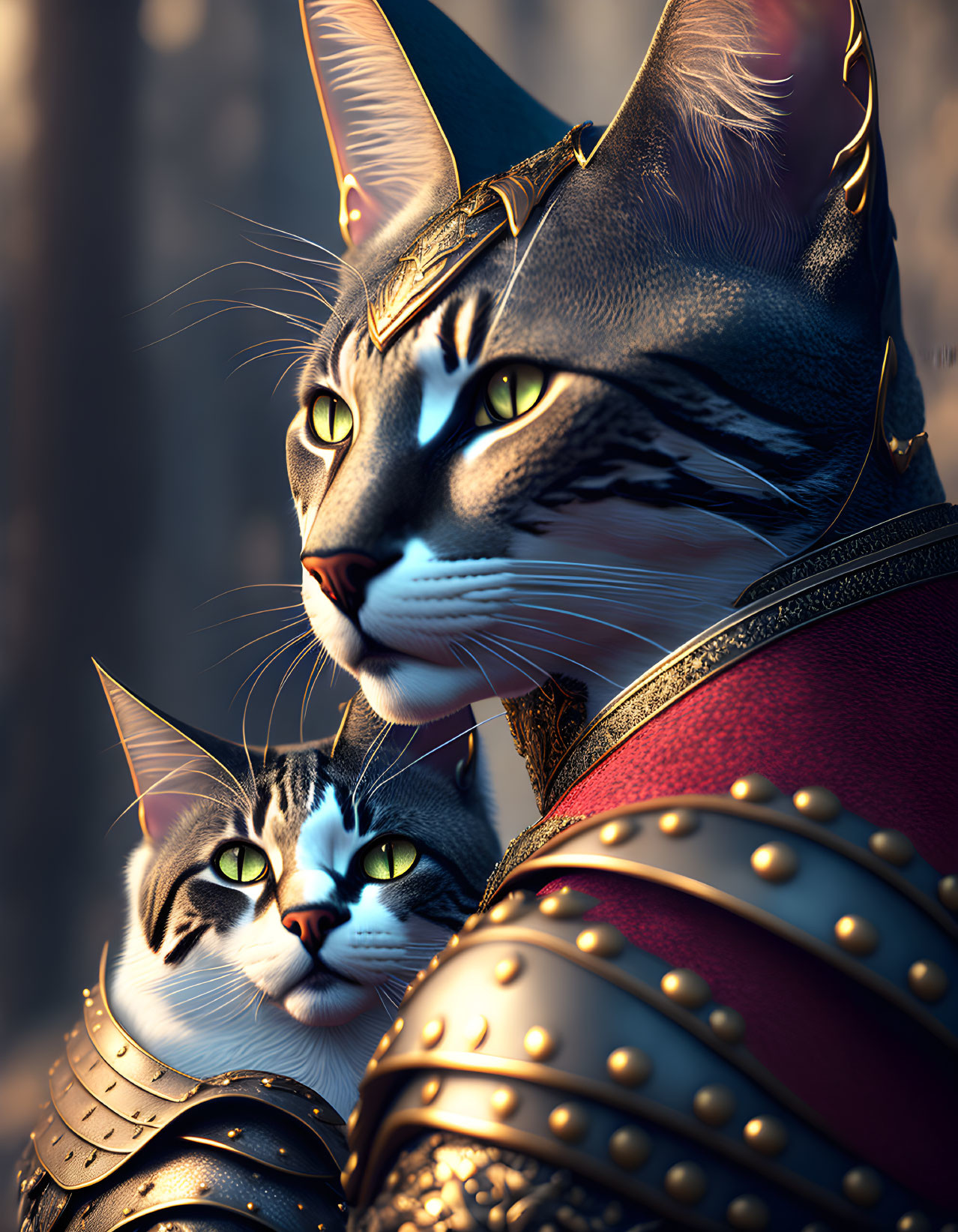 Digital artwork: Two anthropomorphic cats in medieval armor, one with a golden crown.