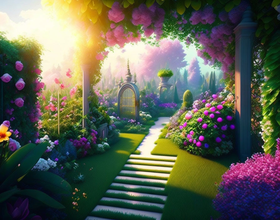 Lush Garden Pathway with Blooming Flowers and Archway