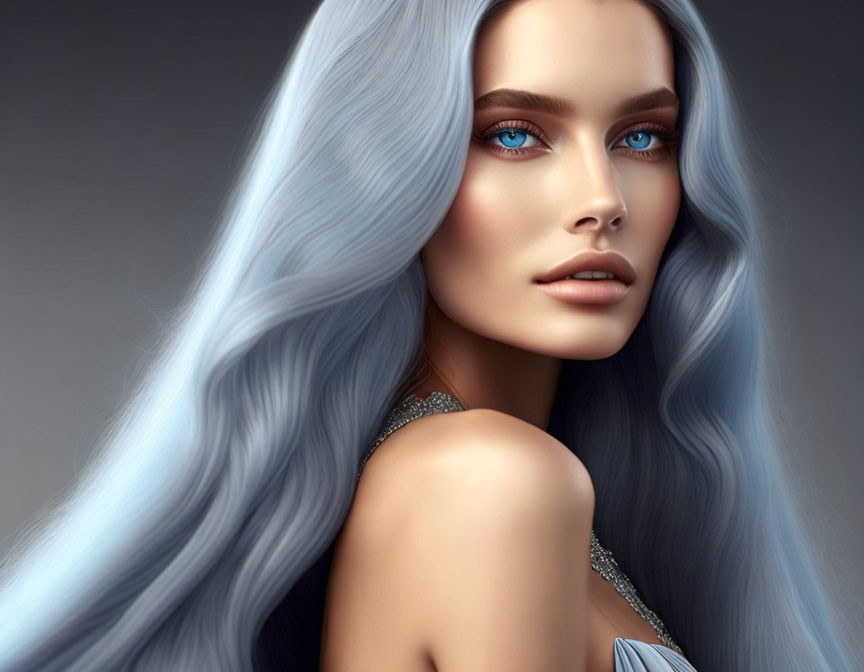 Digital artwork featuring a woman with silver hair and blue eyes