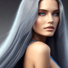 Digital artwork featuring a woman with silver hair and blue eyes