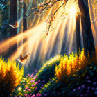 Tranquil Forest Scene with Sunbeams, Birds, Stream, and Autumn Foliage