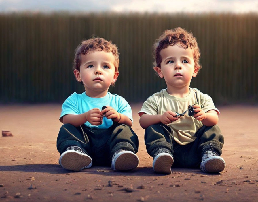 Two curly-haired toddlers in blue shirt and sneakers sitting together with soft-focus background.