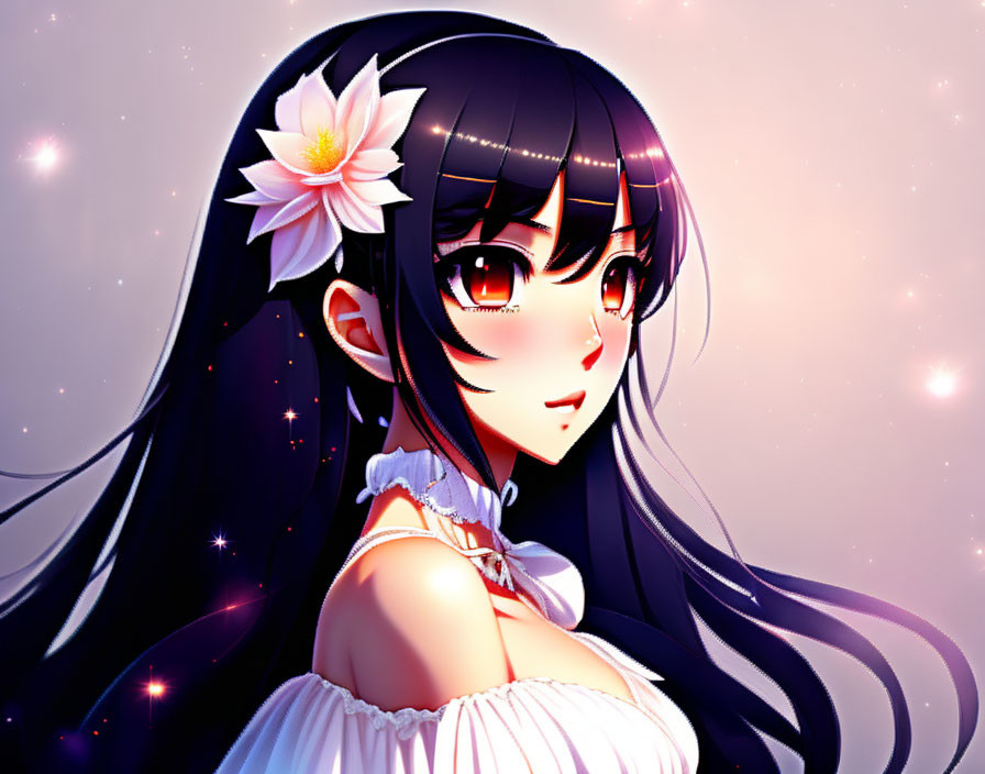 Illustration of girl with black hair, white flower, and glowing eyes in pink-violet background