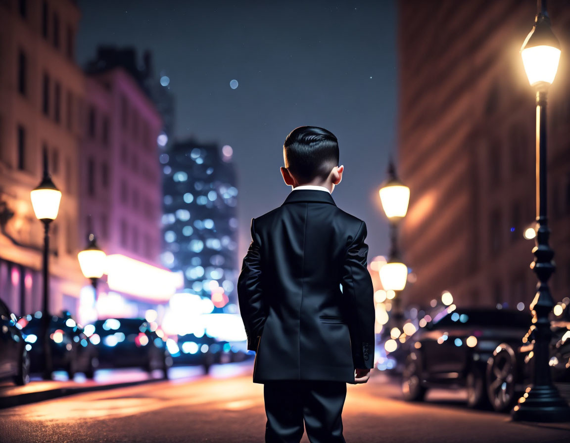 Young boy in suit standing in city street at night with glowing lights and starry sky