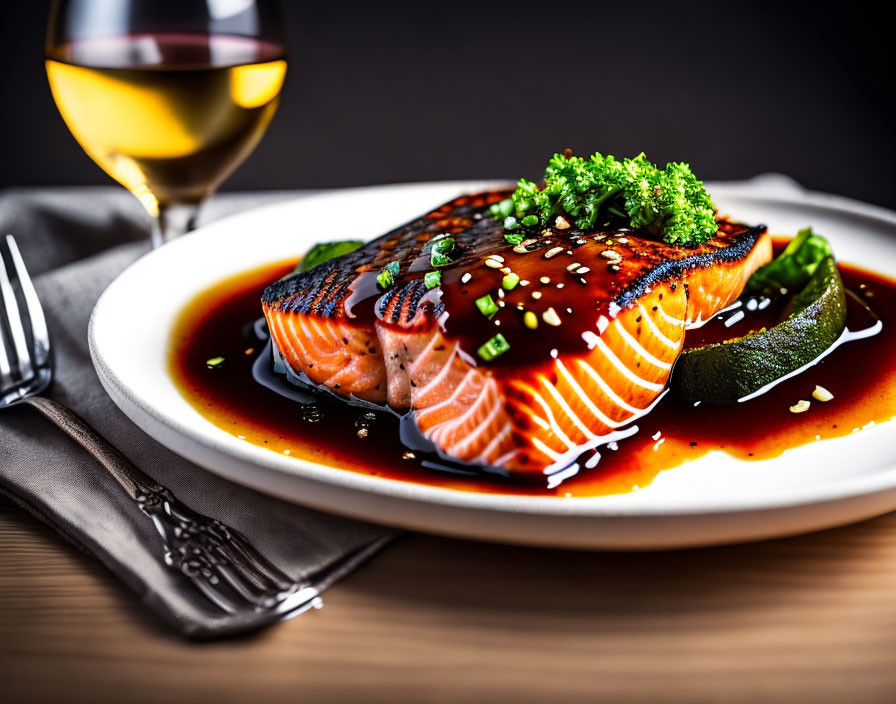 Grilled Salmon Fillet with Glaze and Vegetables, Served with White Wine