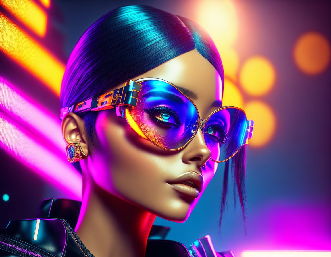 Futuristic digital artwork: Woman with blue hair and neon sunglasses