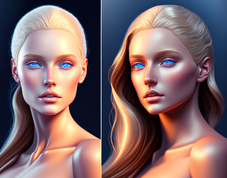 Portrait of a woman with blue eyes and blonde hair in dual lighting scheme