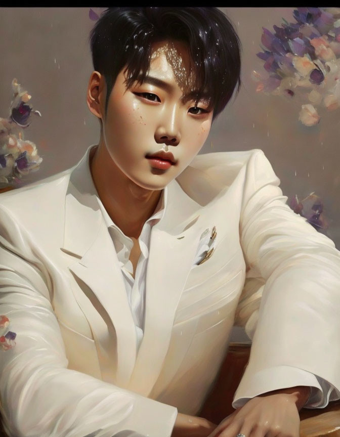 Stylized young man in white suit with serene demeanor and floral background