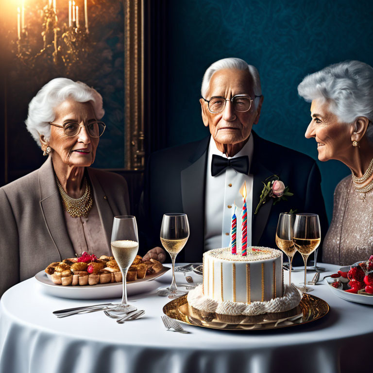 Elegantly dressed seniors celebrating with champagne and cake