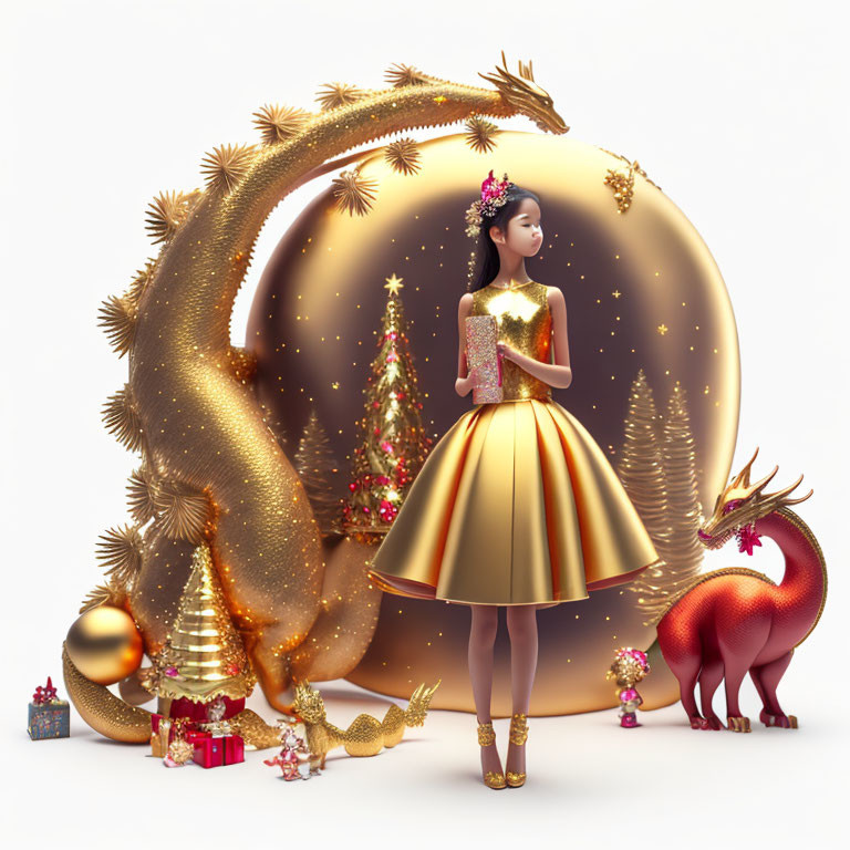 Golden Christmas tree scene with woman in gold dress and red reindeer