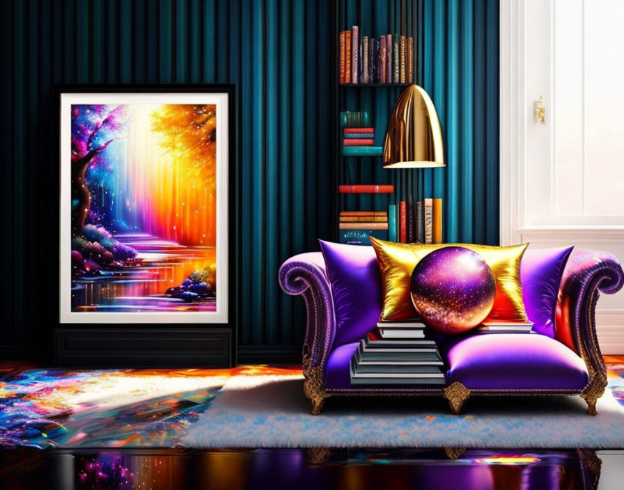 Colorful cosmic-themed living room with luminous artwork and book-filled shelves