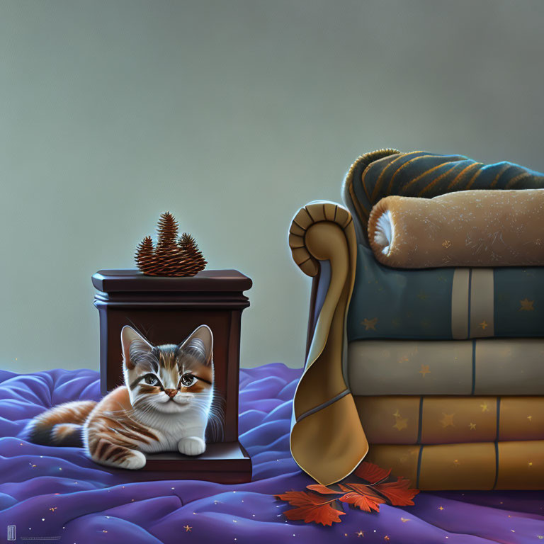 Illustrated orange and white cat by lantern with books, blanket, and autumn leaves