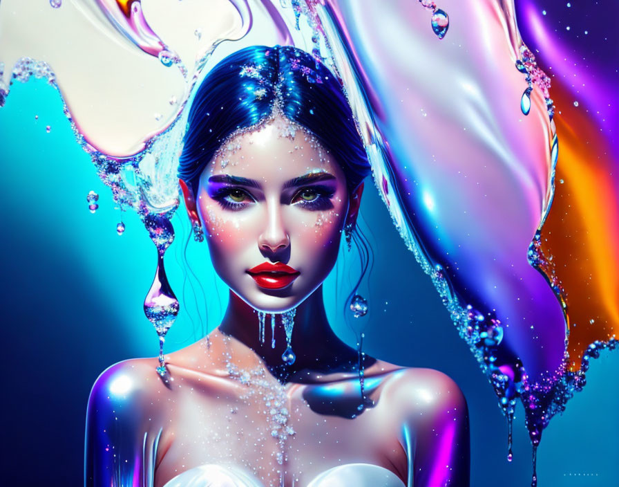 Vibrant Blue-Skinned Woman with Liquid Splashes in Colorful Artwork