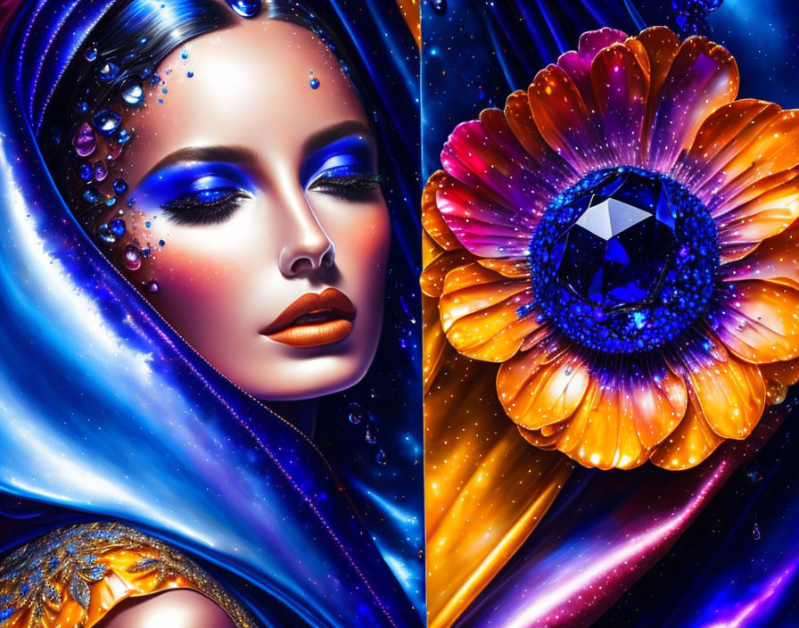 Illustration of woman with blue makeup and gemstones beside vibrant jewel-centered flower with cosmic starry elements