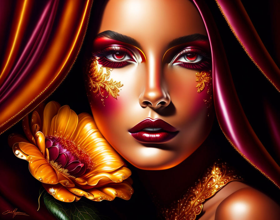 Digital art portrait of woman with red makeup and gold adornments holding orange flower on warm background