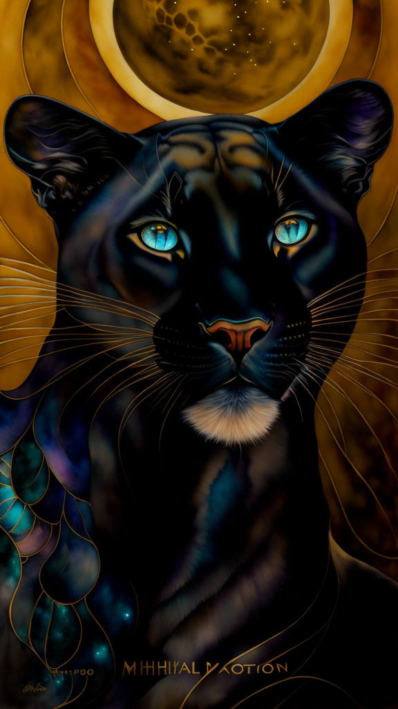 Black Panther Painting with Blue Eyes, Moon, and Celestial Motifs