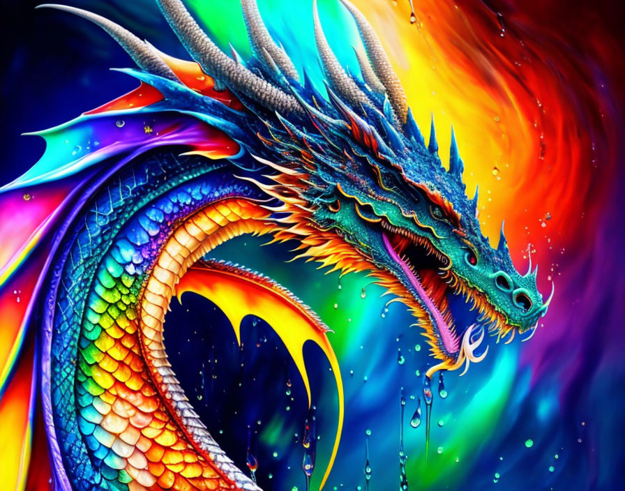 Colorful Dragon Illustration with Cosmic Background in Vibrant Hues