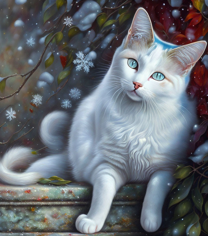 White Cat with Striking Green Eyes in Snowy Scene with Green Foliage