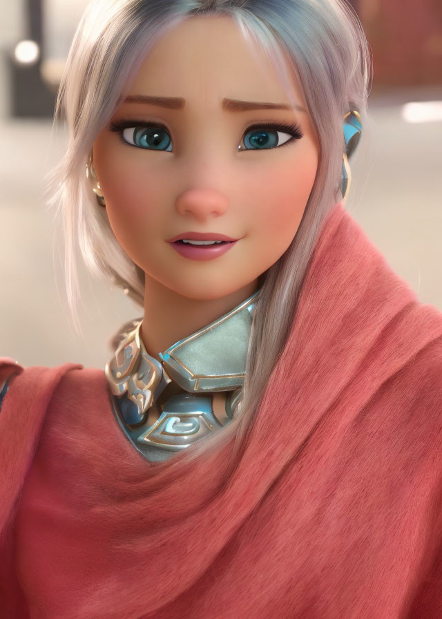 Silver-haired 3D character in pink shawl and armor with blue eyes