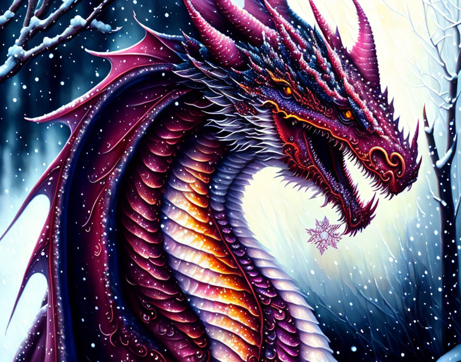 Majestic red and gold dragon in snowy landscape