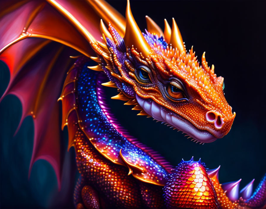 Colorful Dragon Illustration with Orange Scales & Red Wings