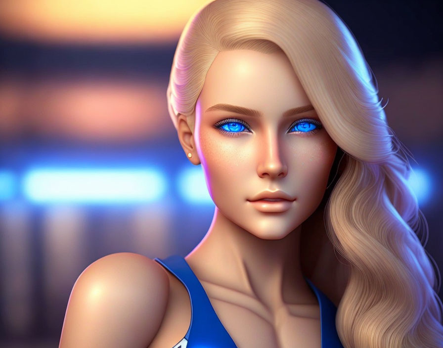 Digital artwork: Female character with blue eyes, blonde hair, glowing skin on neon-lit background