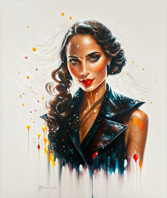 Colorful Stylized Portrait of Woman in Leather Jacket