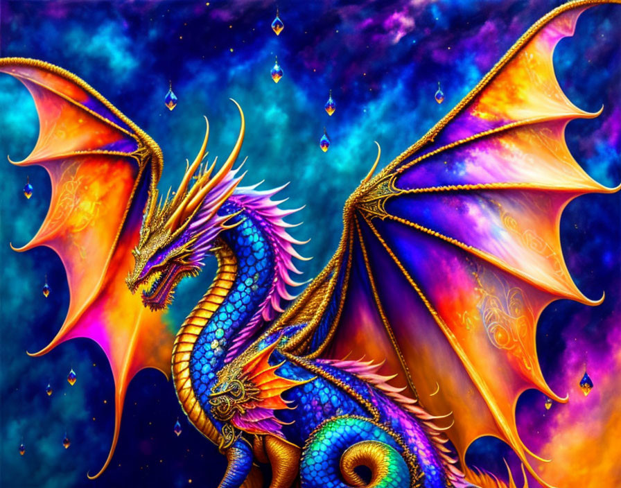 Colorful Mythical Dragon Artwork with Cosmic Background