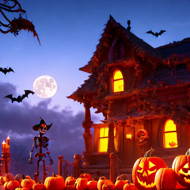 Skeleton figure, pumpkins, haunted house, full moon, and bats in Halloween scene