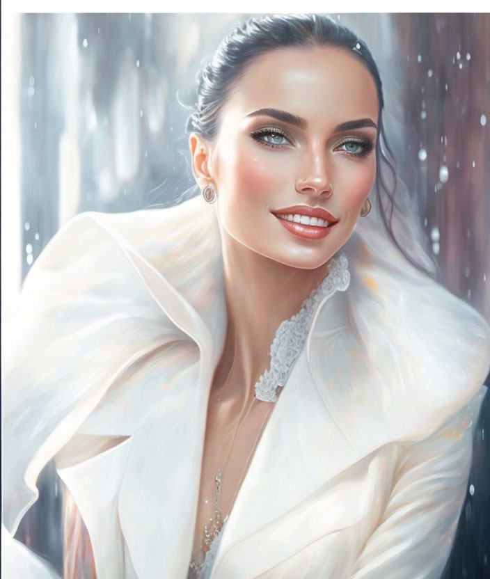 Dark-haired woman in white fur coat smiling in snowfall