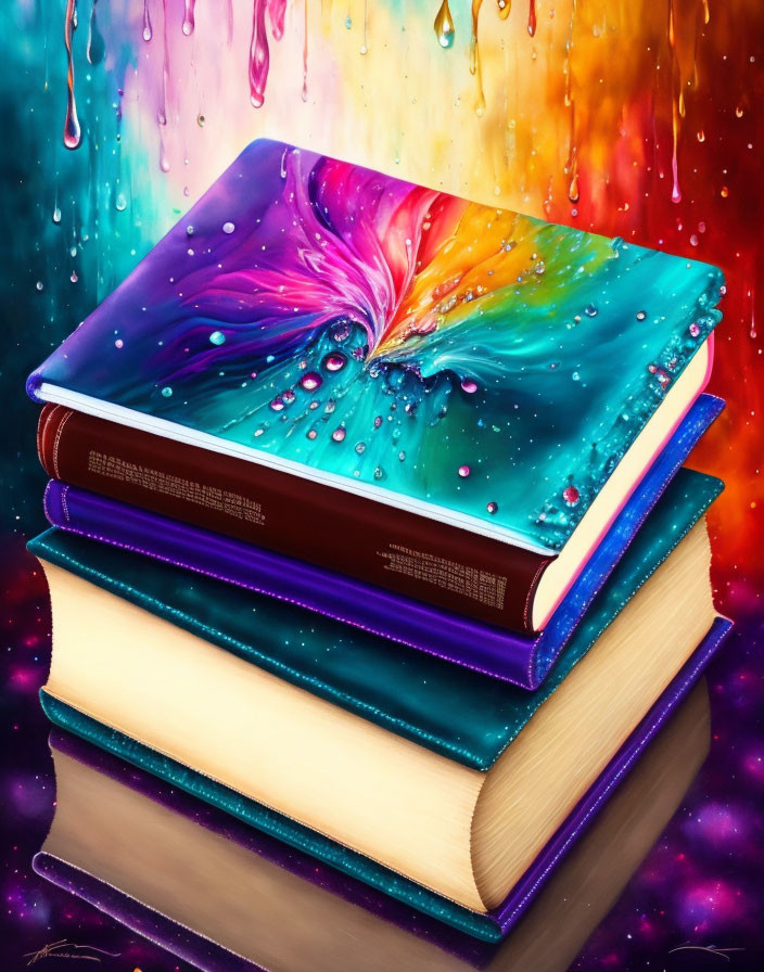 Vibrant book stack art with colorful paint splashes