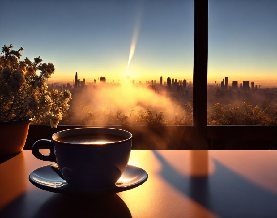 Steamy coffee cup on windowsill with sunrise, city skyline, and floral silhouette.