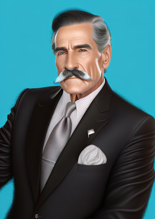 Elderly man in black suit with white mustache on teal backdrop