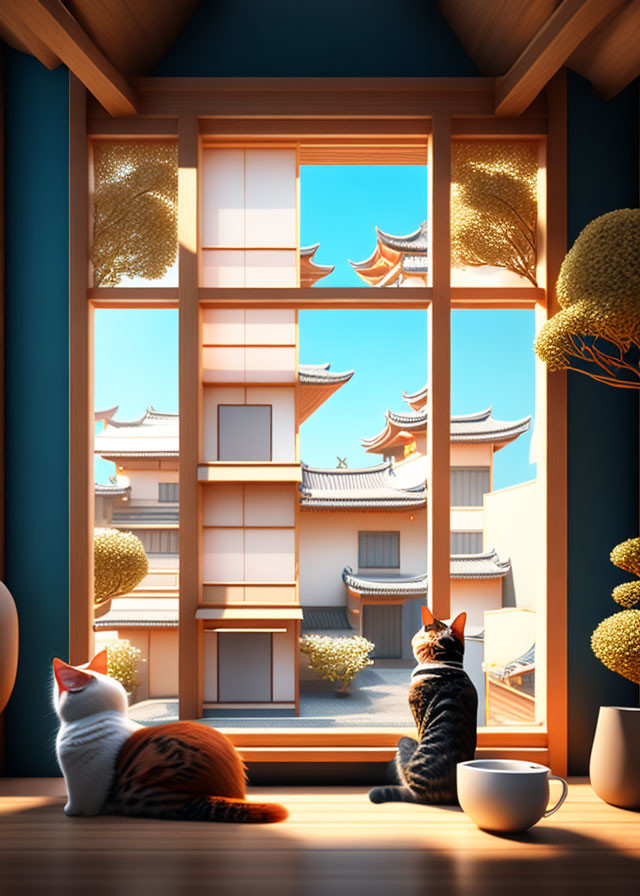 Two cats by a window overlooking traditional Asian village with pagoda-style buildings.