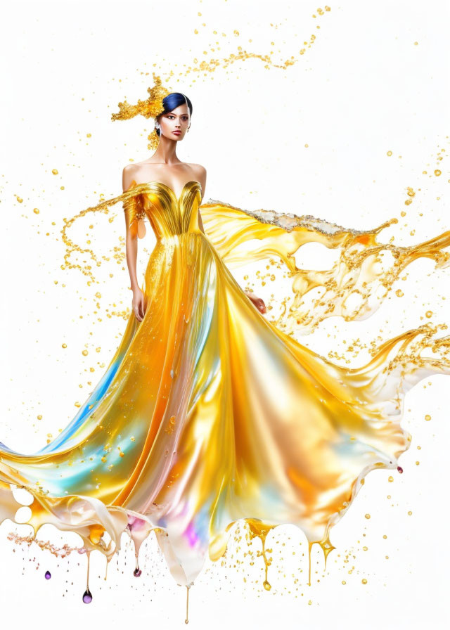 Woman in flowing dress with gold and yellow liquid splashes on white background