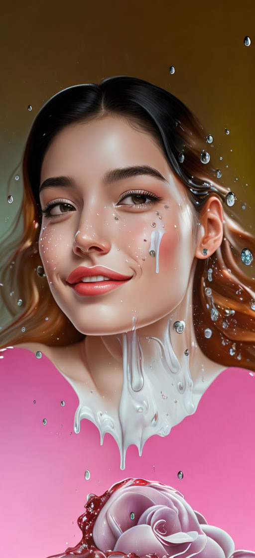 Detailed digital portrait of a smiling woman with water splashes and pink rose