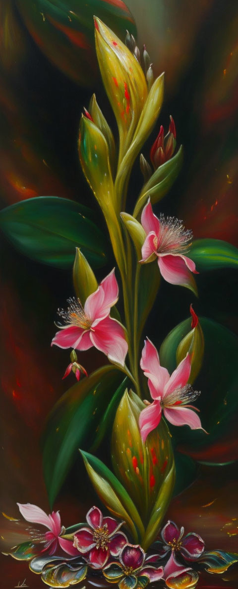 Colorful painting of tall green plant with pink flowers and red details on dark background