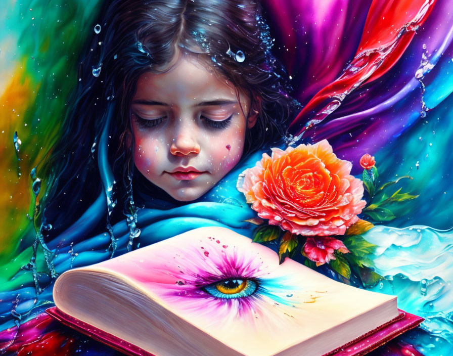 Colorful artwork of a girl reading with an eye illustration and water droplets