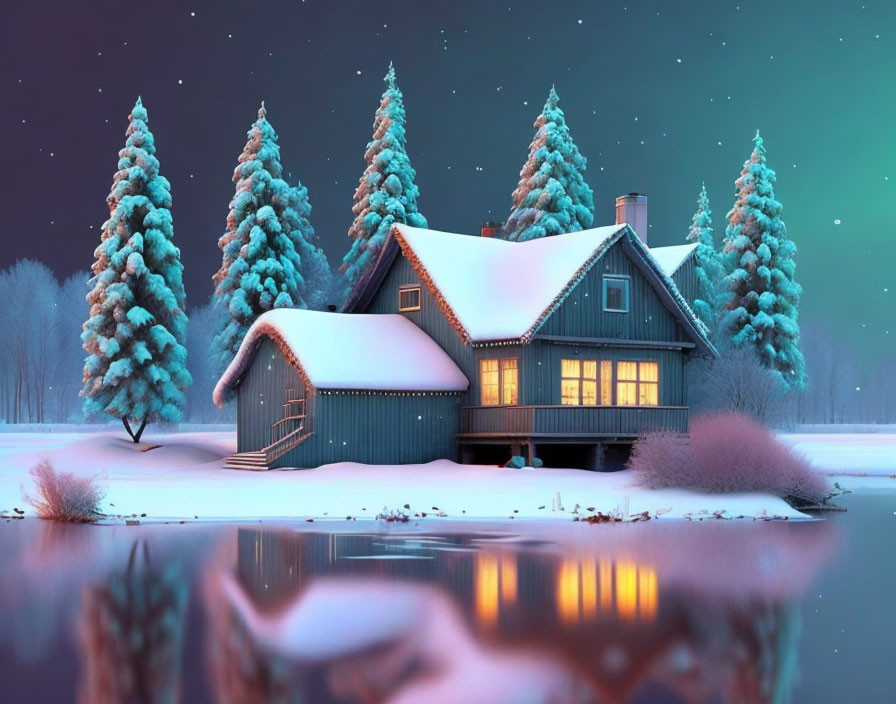 Snowy Winter Cabin Surrounded by Pine Trees at Twilight