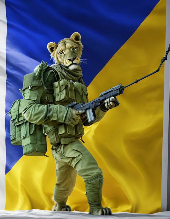 Person in lion mascot costume in military gear with rifle against blue and yellow background