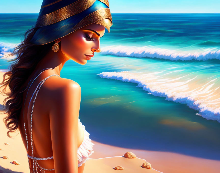 Illustration of woman in headscarf gazing at sea waves