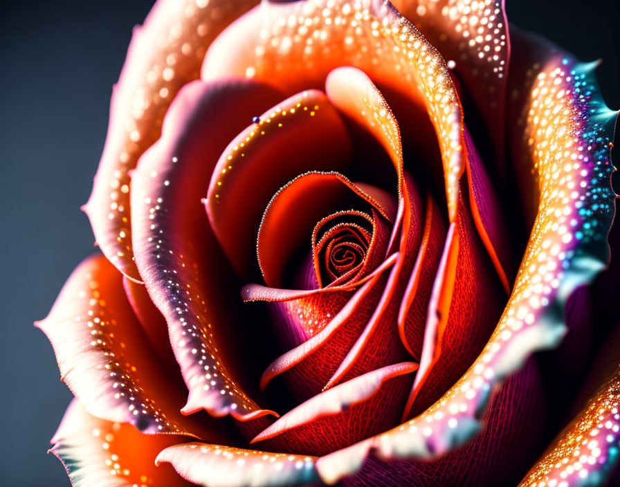 Vibrant orange rose with dew on soft petals and spiraling center