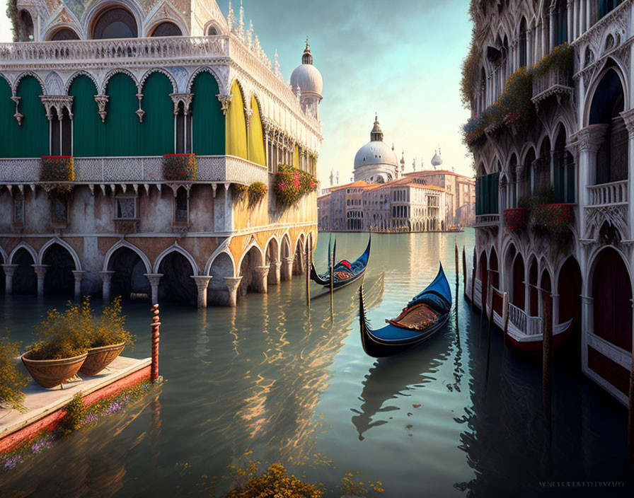 Venice, Italy: Gondolas on calm canal with historical buildings