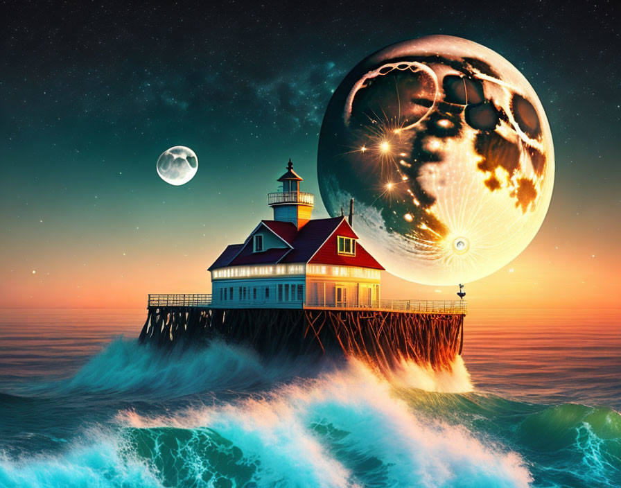 Surreal lighthouse on rock with giant moons, vivid waves, starry sunset