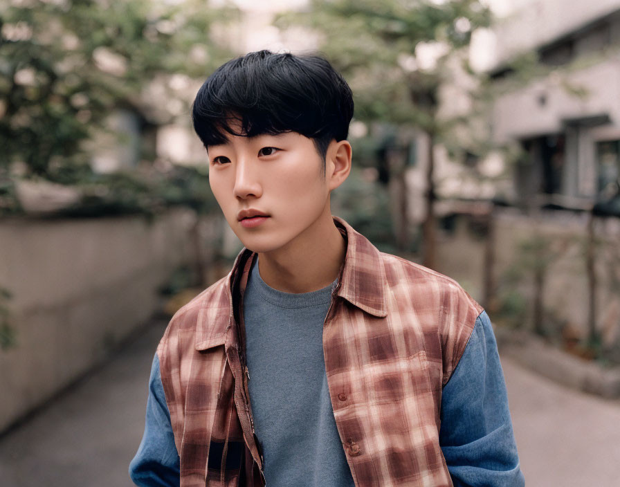 Young man in plaid shirt gazes thoughtfully outdoors