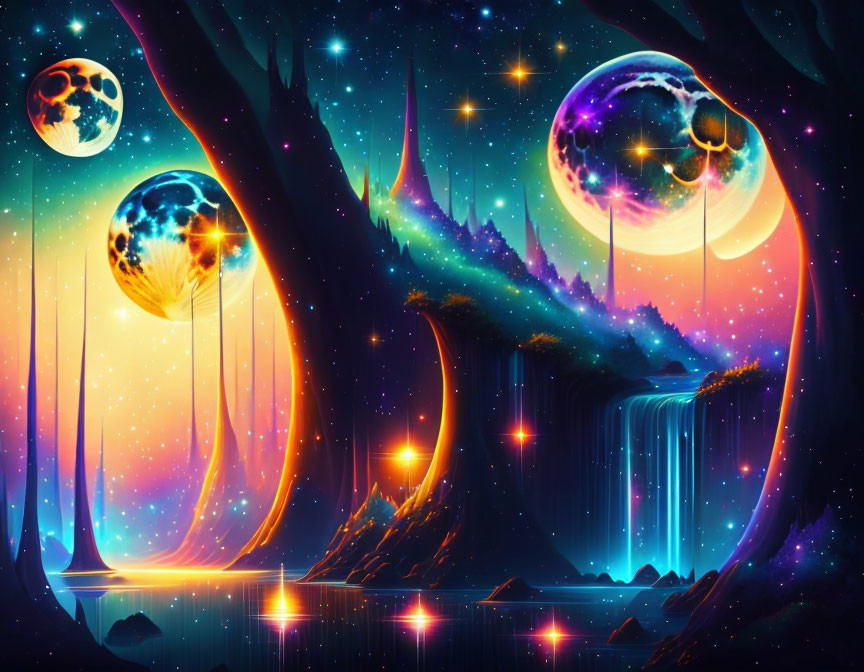 Fantastical landscape with glowing waterfalls and colorful planets